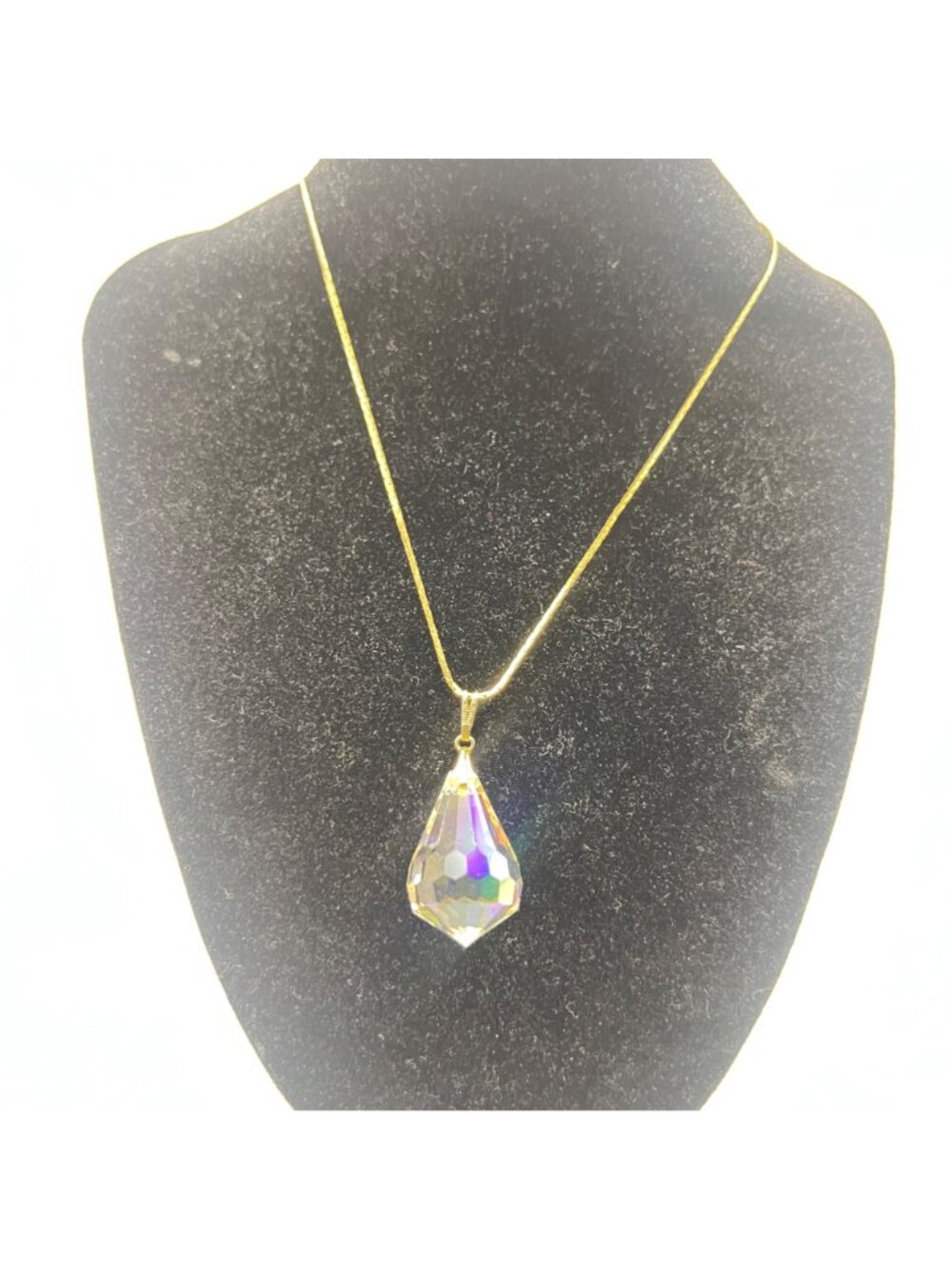 Vintage AB Crystal Teardrop Pendant Necklace Earrings Set Gold-Tone 24" Japan - Picture 5 of 11